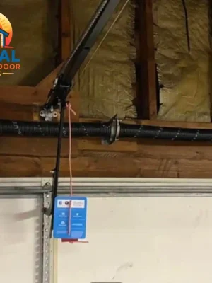 Interior close-up of a garage door torsion system with two black springs mounted on a horizontal shaft above a white sectional door. An opener rail, hanging release cord, exposed wooden framing, and insulation are visible near the ceiling.