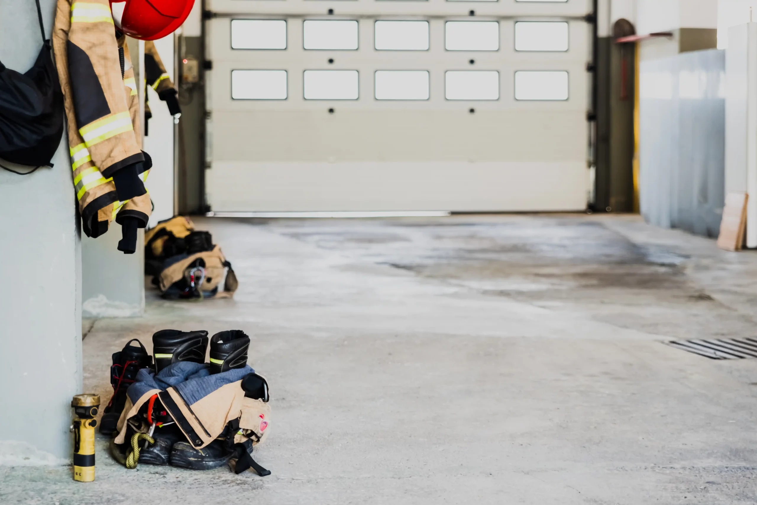 Interior of an empty garage with a closed light gray sectional door featuring two rows of rectangular windows. Firefighting jackets, helmets, boots, gloves, and flashlights are arranged along the left wall and concrete floor.